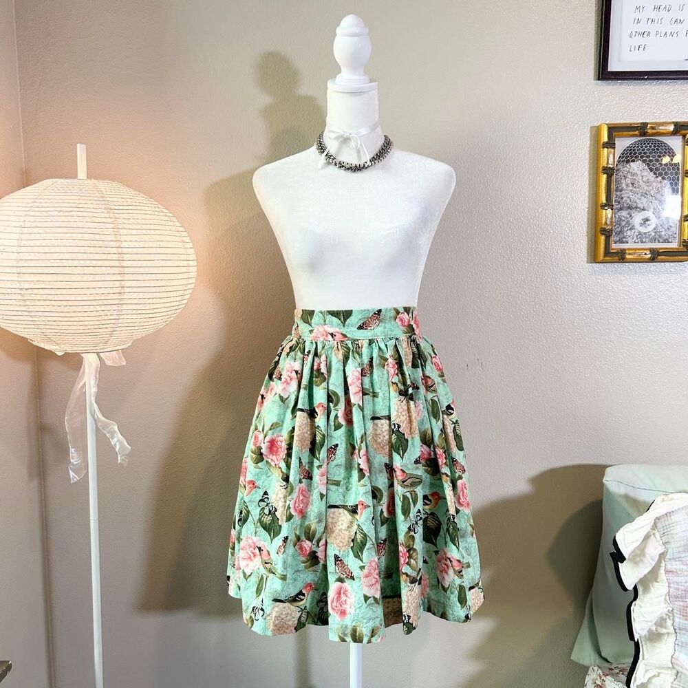 Twee mint green high waist floral skirt 31"